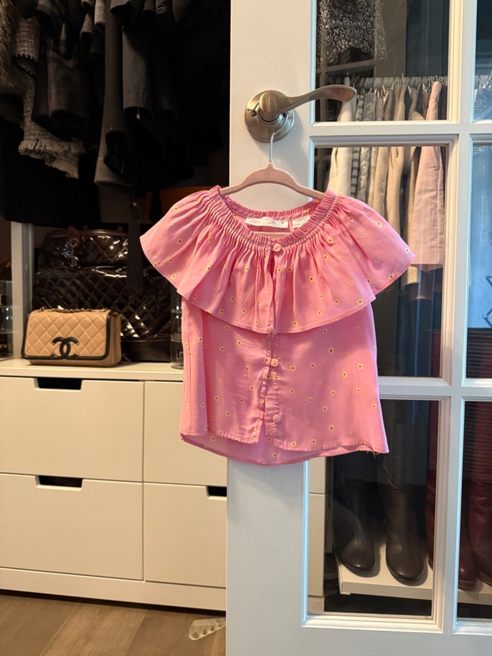 Zara Pink Ruffle Neck Blouse with Daisy Print